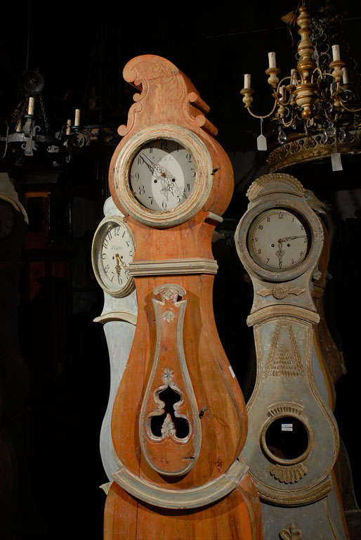 A 19th Century Swedish Wood Floor Clock, Original Orange Paint and Unusual Crest 6