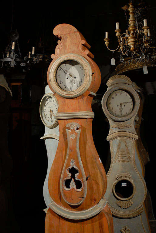 A 19th Century Swedish Wood Floor Clock, Original Orange Paint and Unusual Crest 6