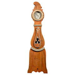 A 19th Century Swedish Wood Floor Clock, Original Orange Paint and Unusual Crest