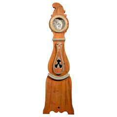 Antique A 19th Century Swedish Wood Floor Clock, Original Orange Paint and Unusual Crest