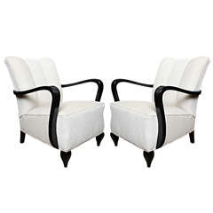 Pair French Art Deco Black Lacquered Club Chairs
