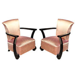 Pair French Art Deco Black Lacquer Club Chairs