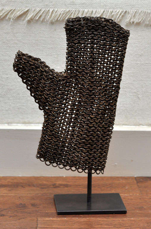 19th century chainmail glove armor. This is reproduction (19th century) of a 16th century piece. Custom mount for beautiful display. Found in Argentina