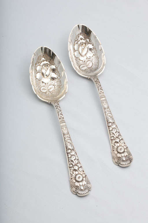 Rare pair of sterling silver berry spoons, The Gorham Corp., Providence, Rhode Island, circa 1880s, 