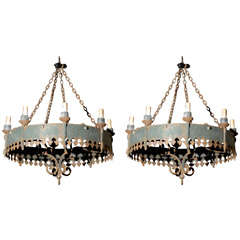 Pair of Large Round Painted Iron 8 Light Chandeliers