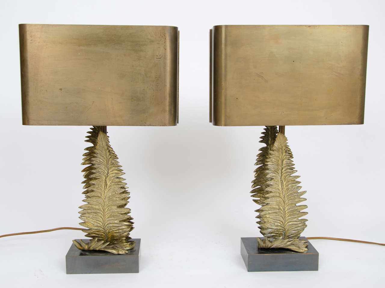 Pair of Maison Charles bronze fern table lamps designed by Chrystiane Charles for Maison Charles with original shades stamped 