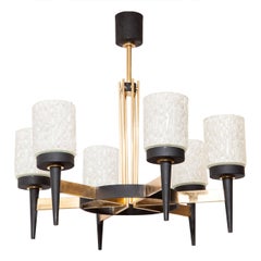 Stunning Mid Centurty Brass, Steel and Textured Glass Chandelier, France