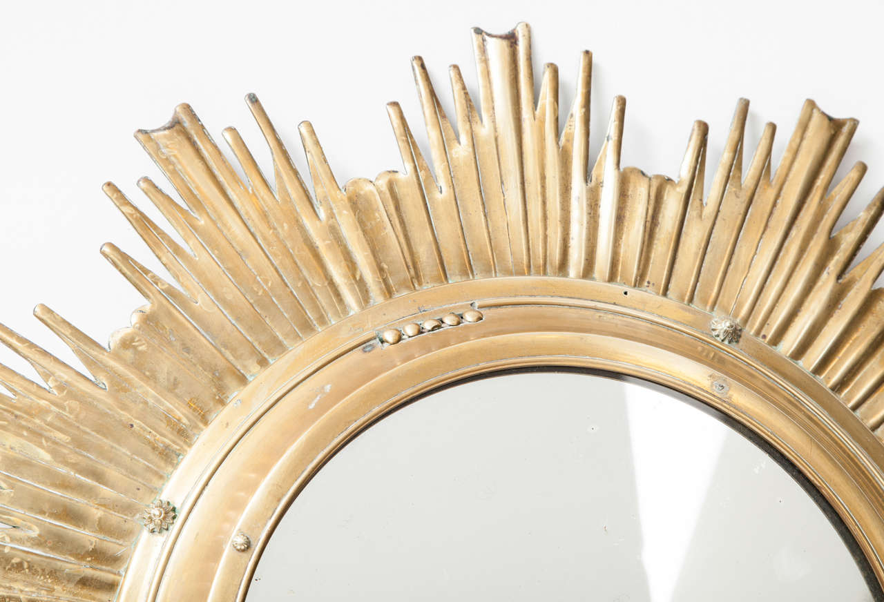 French Solid Brass Sunburst Mirror, France 1950s