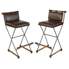 Pair of Campaign Barstools by Cleo Baldon
