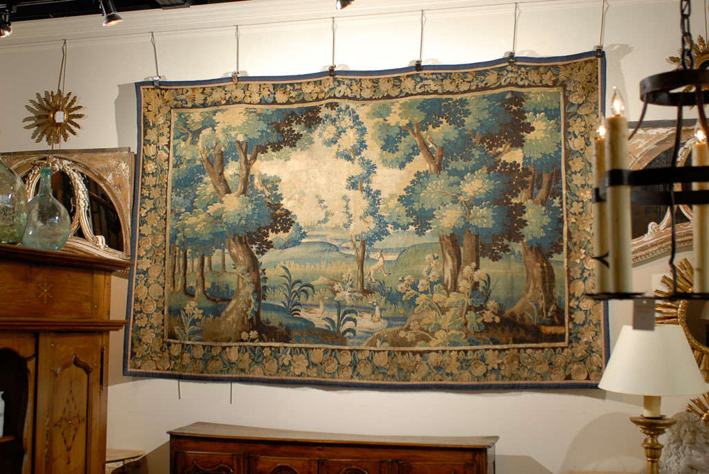 French Aubusson tapestry with landscape including a dog and ducks in lovely tones.