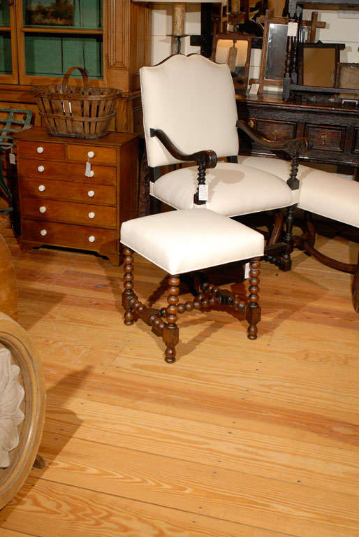 French Bobbin leg stool with muslin upholstery.
