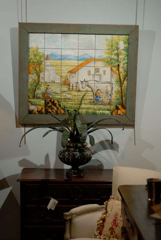 19th C. Farm Scene  Painted on Tiles from Napoli, Italy, Circa 1860
This very well crafted and charming painting on tiles is from Napoli, and is signed by the artist, Sorno.  It is framed in a rustic painted frame.