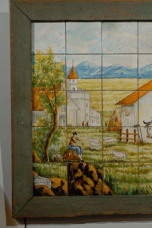 19th C. Farm Scene  Painted on Tiles from Napoli, Italy, Circa 1860 In Good Condition In Atlanta, GA