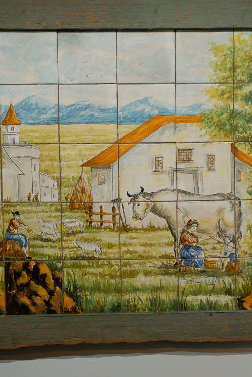 19th Century 19th C. Farm Scene  Painted on Tiles from Napoli, Italy, Circa 1860