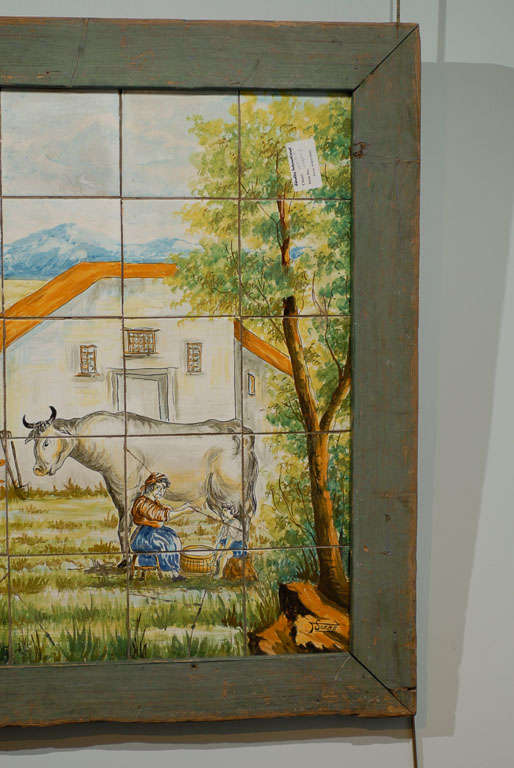 19th C. Farm Scene  Painted on Tiles from Napoli, Italy, Circa 1860 1