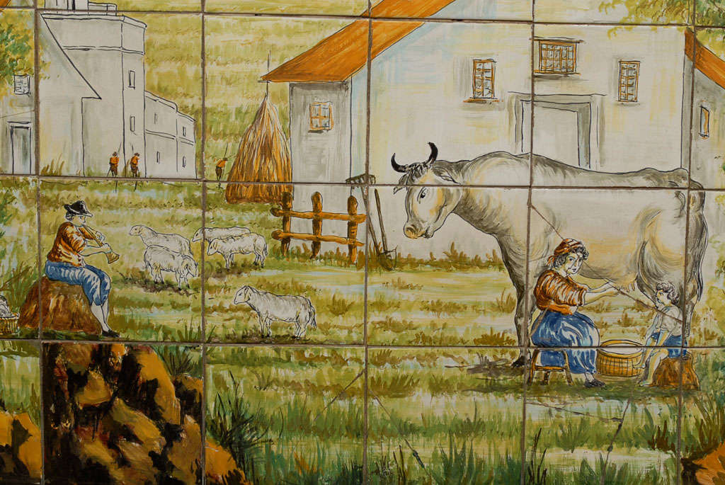 19th C. Farm Scene  Painted on Tiles from Napoli, Italy, Circa 1860 4