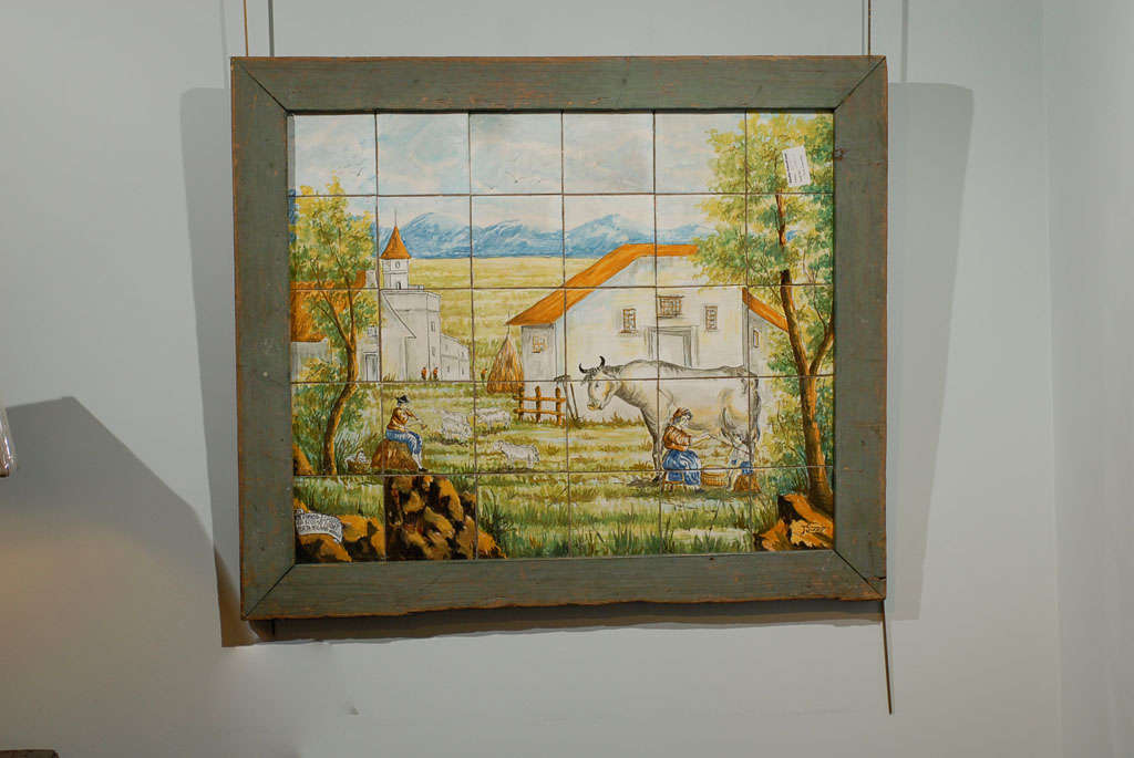 19th C. Farm Scene  Painted on Tiles from Napoli, Italy, Circa 1860 5