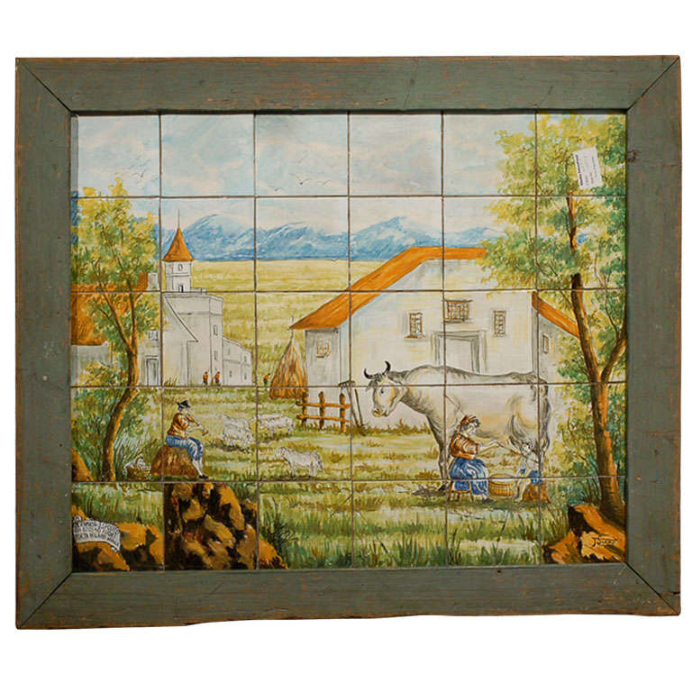 19th C. Farm Scene  Painted on Tiles from Napoli, Italy, Circa 1860