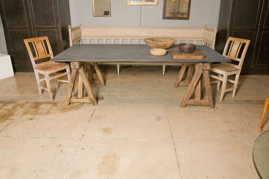 Belgian Large Slate Table On Primitive Saw-horse Base