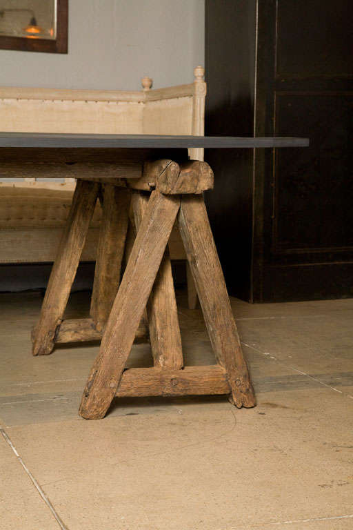Wood Large Slate Table On Primitive Saw-horse Base
