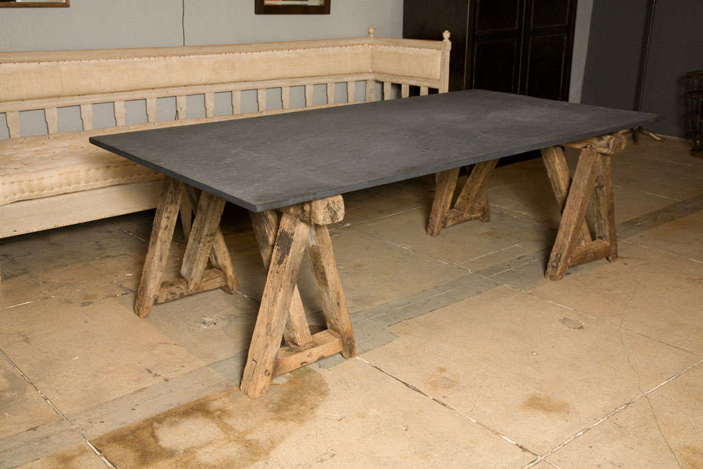 Large Slate Table On Primitive Saw-horse Base 1