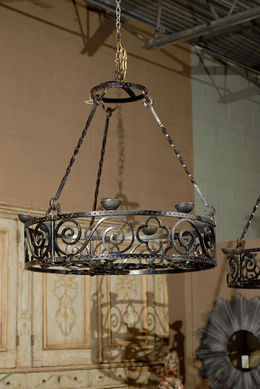 French Pair Wrought Iron Gothic Candle Chandeliers
