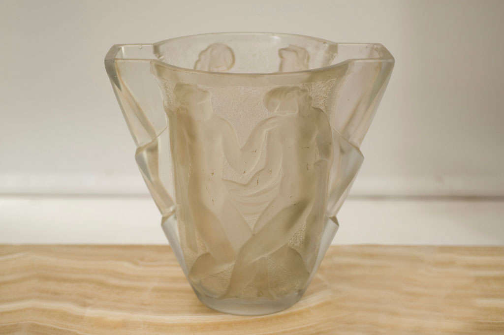 Monumental Art Deco  frosted vase with standing female figures.