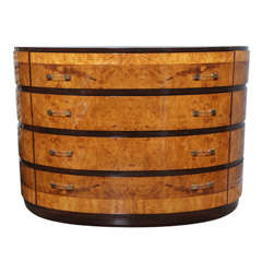 An Art Deco Burl Walnut and Birds Eye Maple Demi Lune Commode
