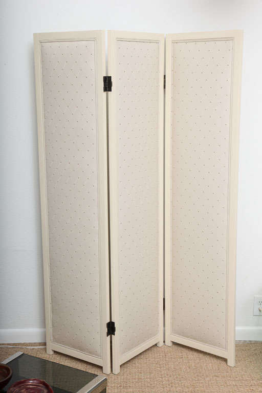 Diamond Patterned and Bone Lacquered Upholstered Three Panel Room Divider