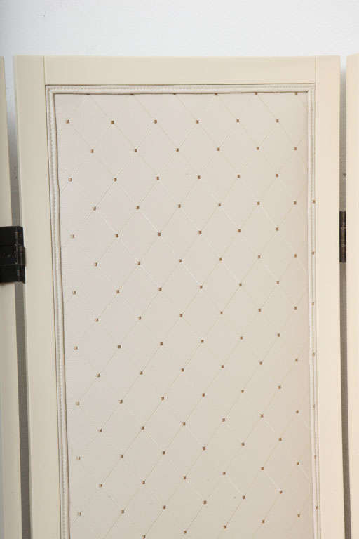 American Diamond Patterned and Bone Lacquered Upholstered Three Panel Room Divider For Sale