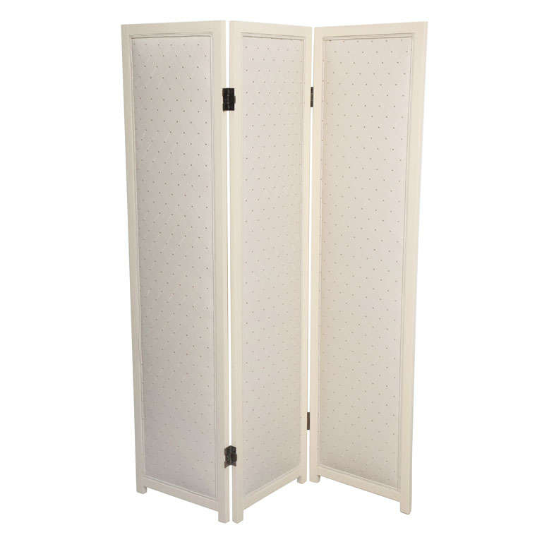 Diamond Patterned and Bone Lacquered Upholstered Three Panel Room Divider For Sale