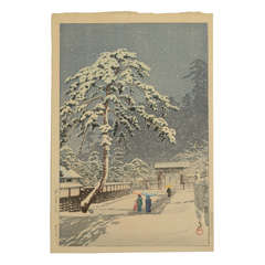 Le temple Homonji dans la neige par Hasui