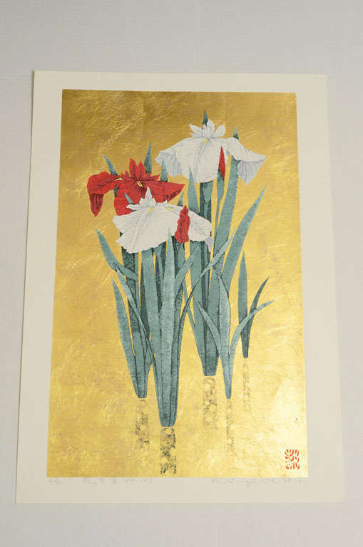 Silkscreen of a group of iris flowers on gold leaf.  Edition 2/30. Signed K. Sugiura in pencil