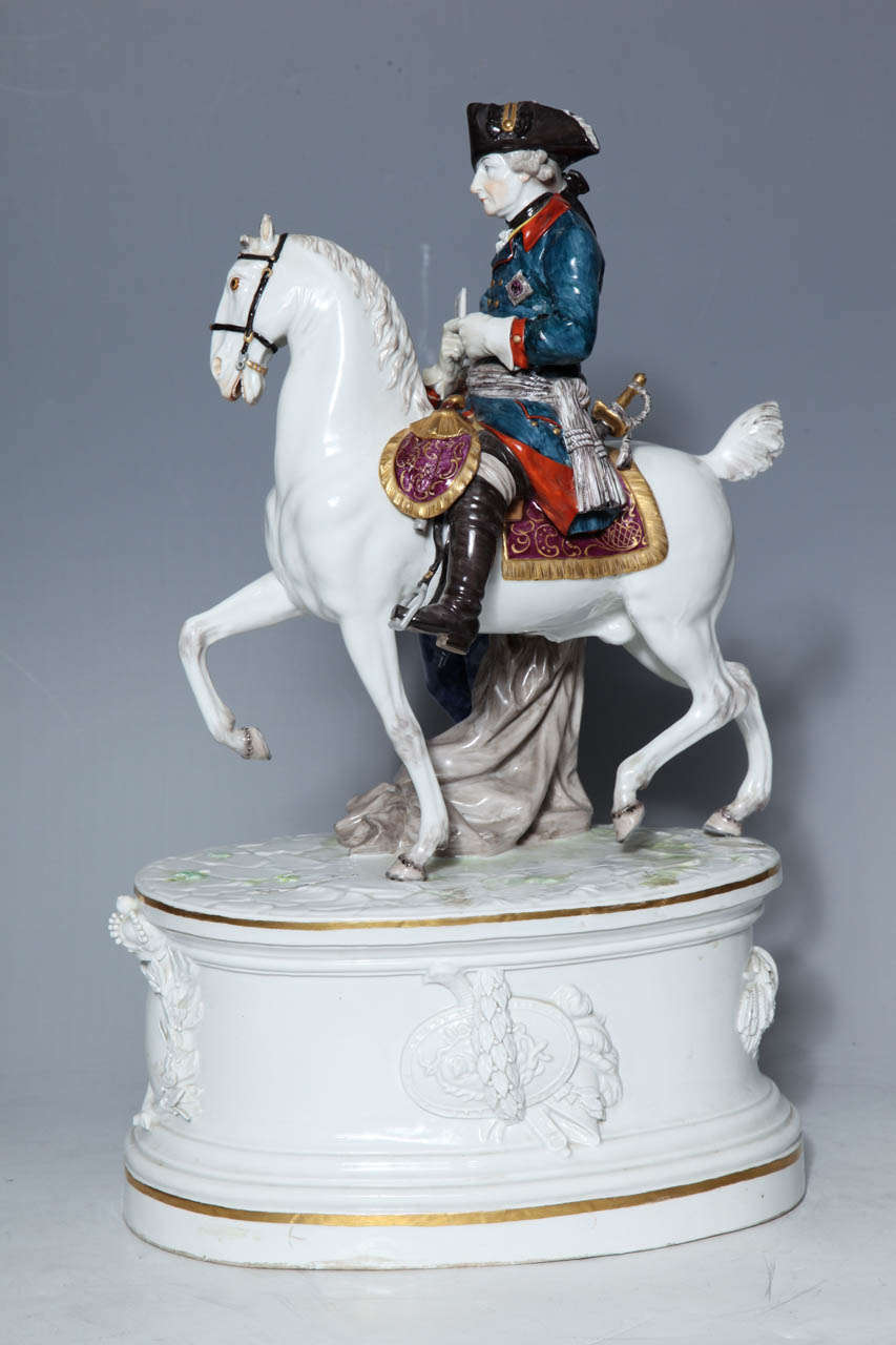 A Very Large 19th century Meissen porcelain Group of Russian Calvary General, believed to be Mikhail Kutuzov, the hero of Borodino, with aide de camp, marked with the Meissen underglaze blue crossed swords, and incised and impressed with numbers. 