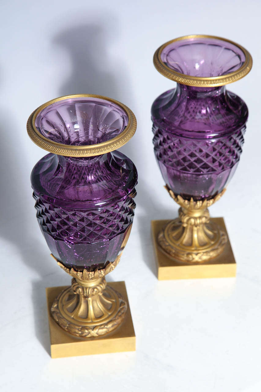 Neoclassical Revival Fine Pair of Antique Russian Amethyst Cut Crystal Vases in Dore Bronze Mounts For Sale