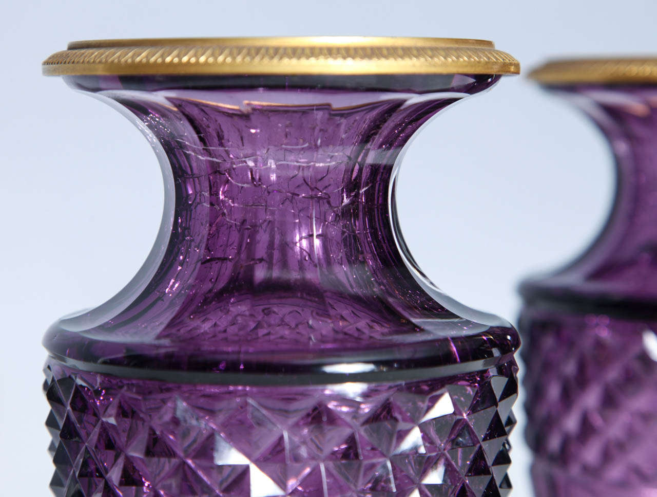 Fine Pair of Antique Russian Amethyst Cut Crystal Vases in Dore Bronze Mounts In Excellent Condition For Sale In New York, NY