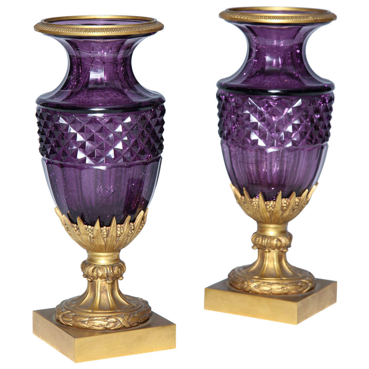 Fine Pair of Antique Russian Amethyst Cut Crystal Vases in Dore Bronze Mounts For Sale