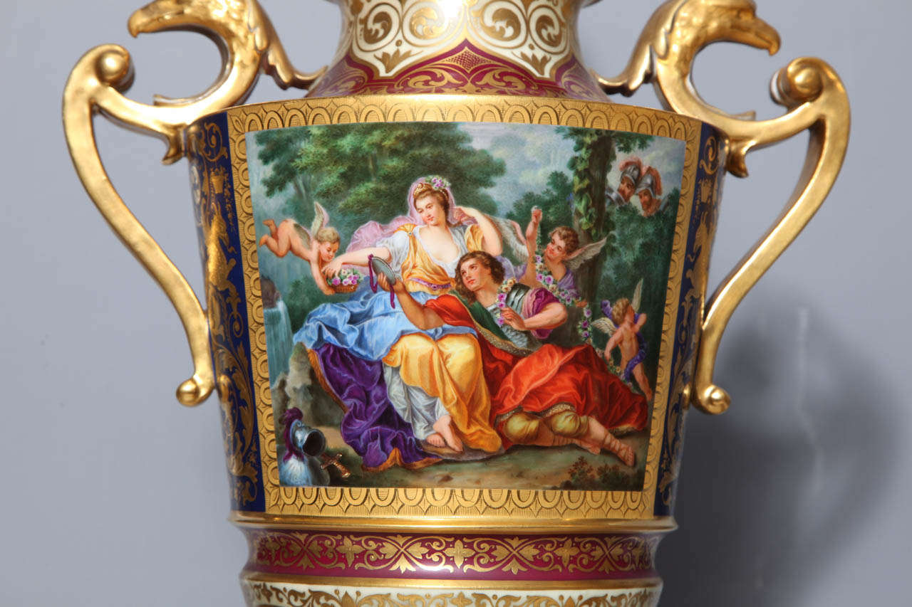 Neoclassical Magnificent Pair Royal Vienna Porcelain Covered Urns on Stands with Eagles For Sale