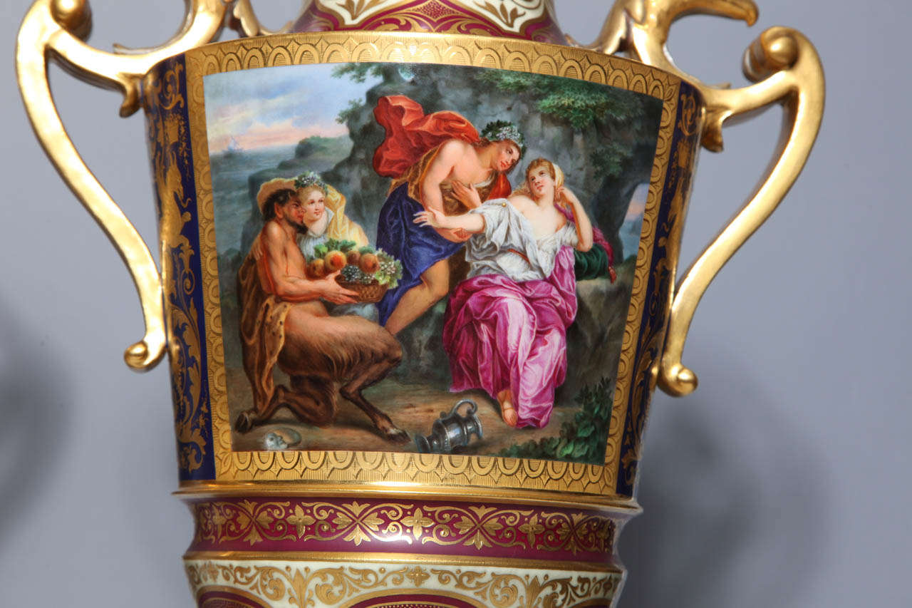 Austrian Magnificent Pair Royal Vienna Porcelain Covered Urns on Stands with Eagles For Sale