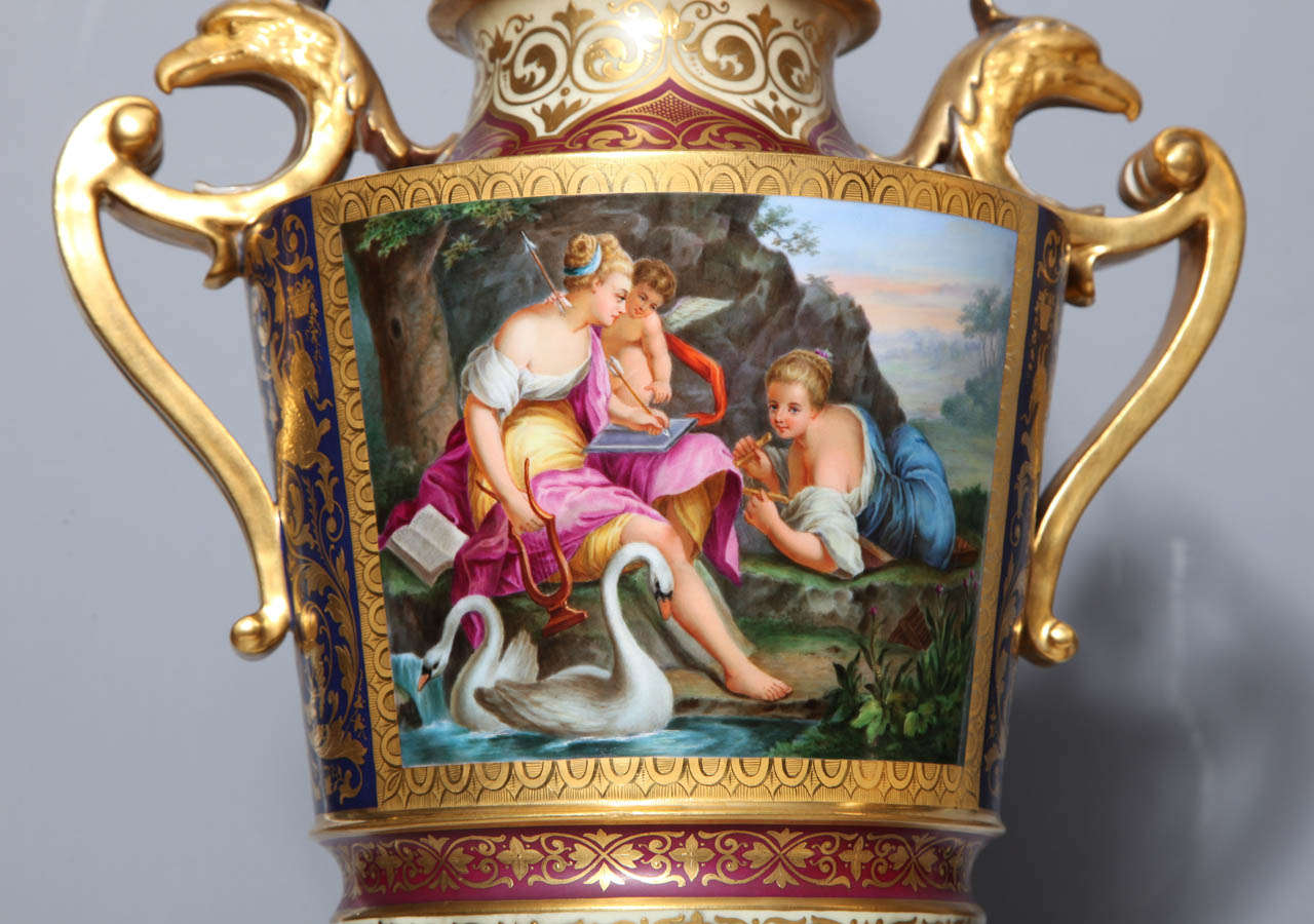 Magnificent Pair Royal Vienna Porcelain Covered Urns on Stands with Eagles In Excellent Condition For Sale In New York, NY