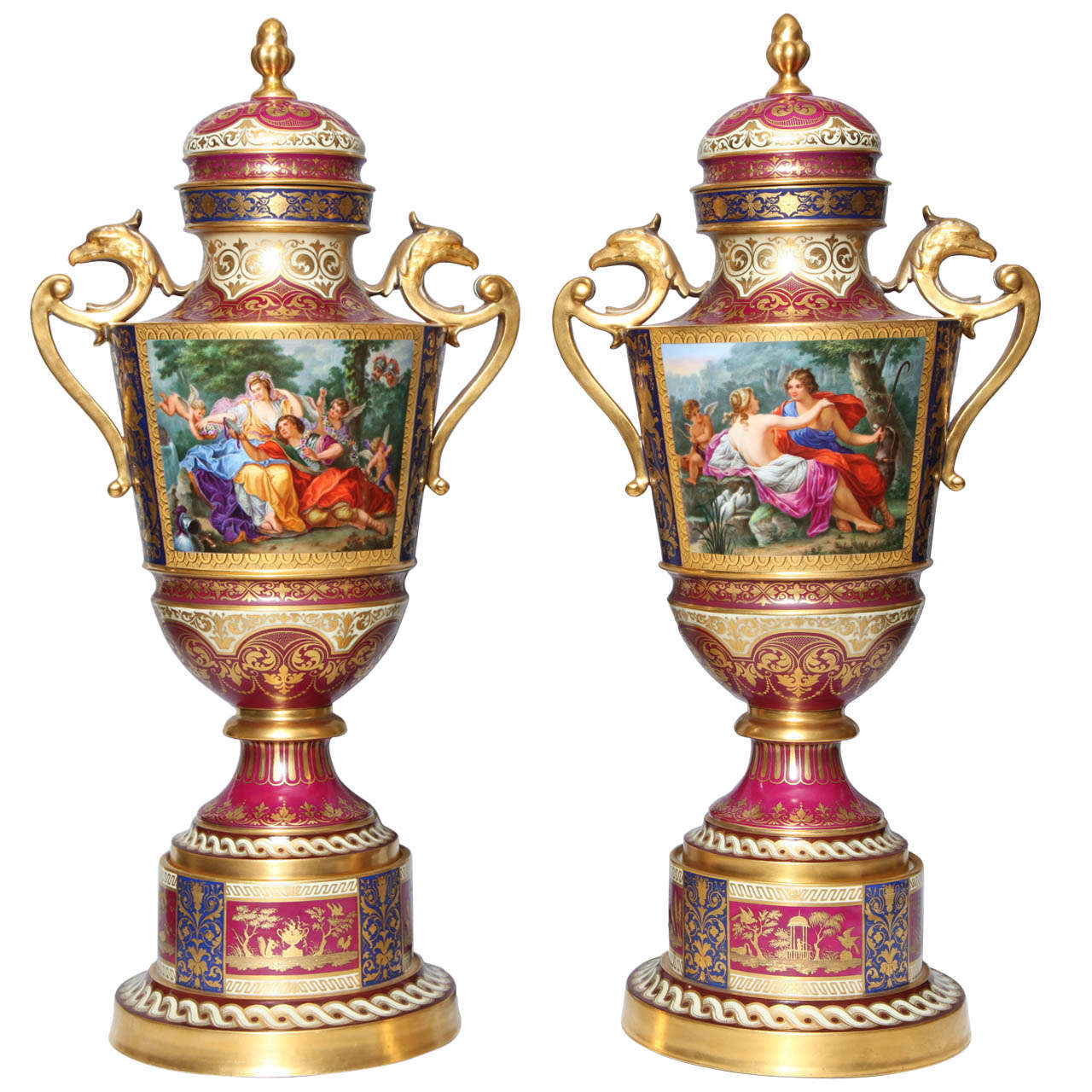 Magnificent Pair Royal Vienna Porcelain Covered Urns on Stands with Eagles For Sale