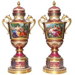 Magnificent Pair Royal Vienna Porcelain Covered Urns on Stands with Eagles