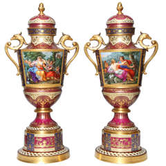 Magnificent Pair Royal Vienna Porcelain Covered Urns on Stands with Eagles 2