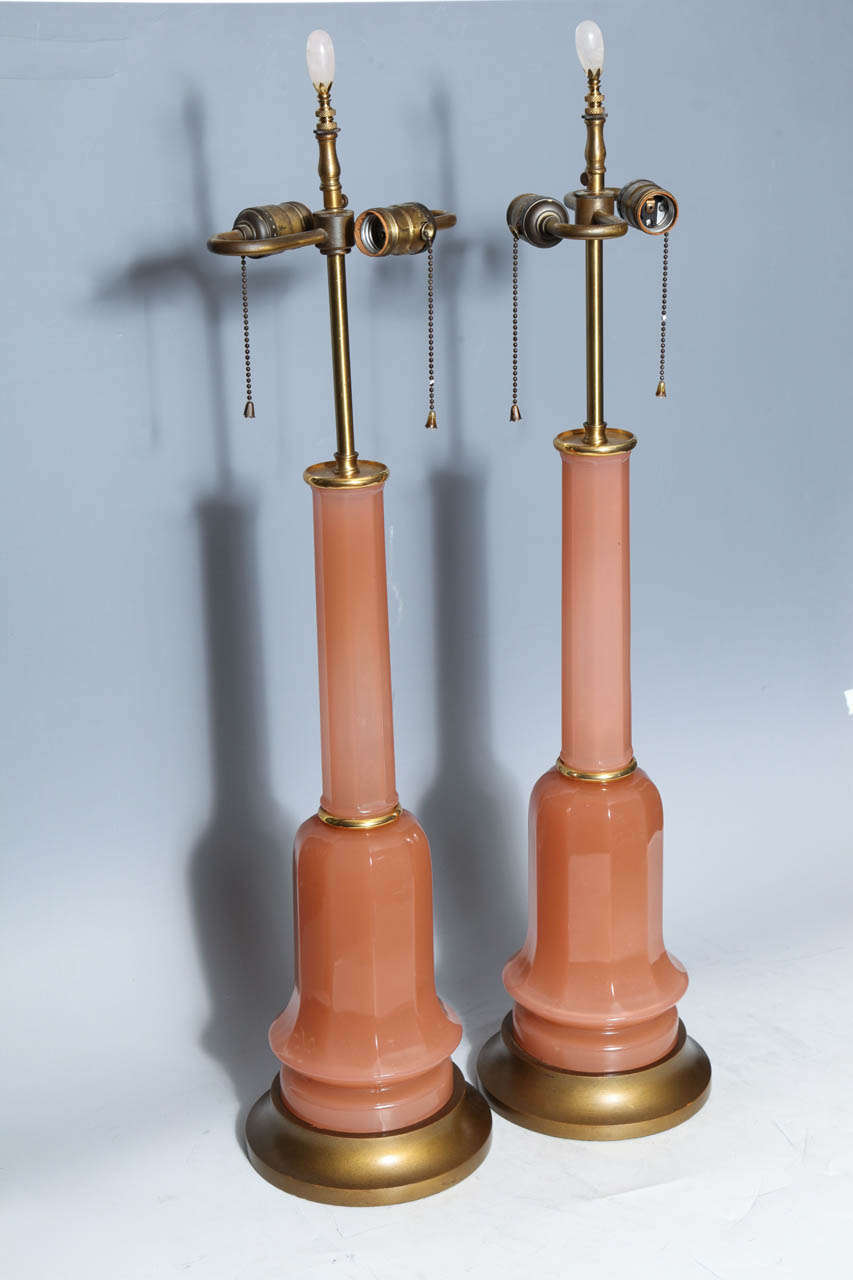 A Magnificent Pair of Antique French Salmon Color Opaline Lamps In Excellent Condition In New York, NY
