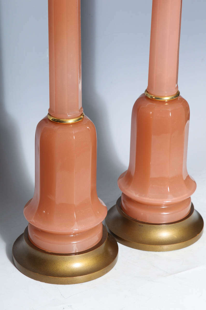 20th Century A Magnificent Pair of Antique French Salmon Color Opaline Lamps