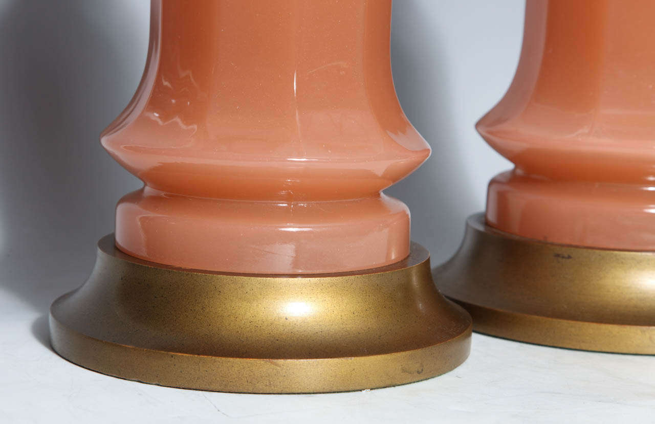 A Magnificent Pair of Antique French Salmon Color Opaline Lamps 3
