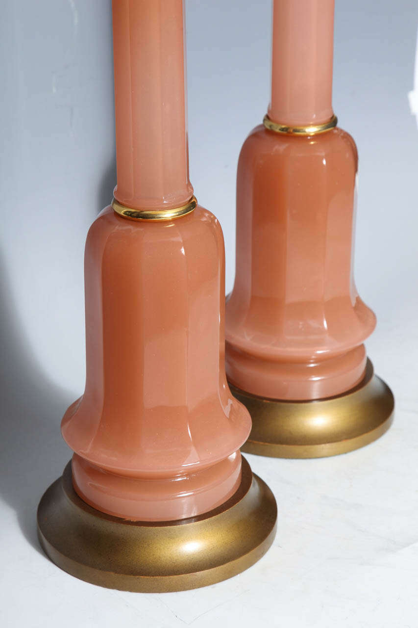 A Magnificent Pair of Antique French Salmon Color Opaline Lamps 4