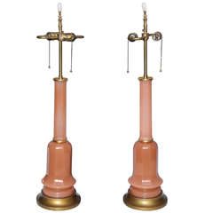 A Magnificent Pair of Antique French Salmon Color Opaline Lamps