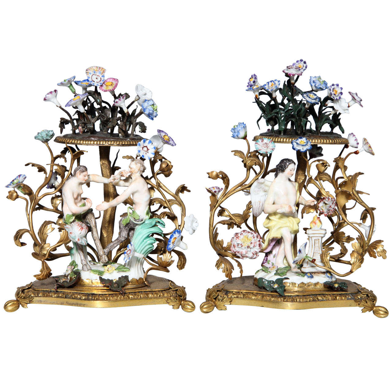 Pair of 18th Century Meissen Porcelain Groups in Dore Bronze Mounts, circa 1770