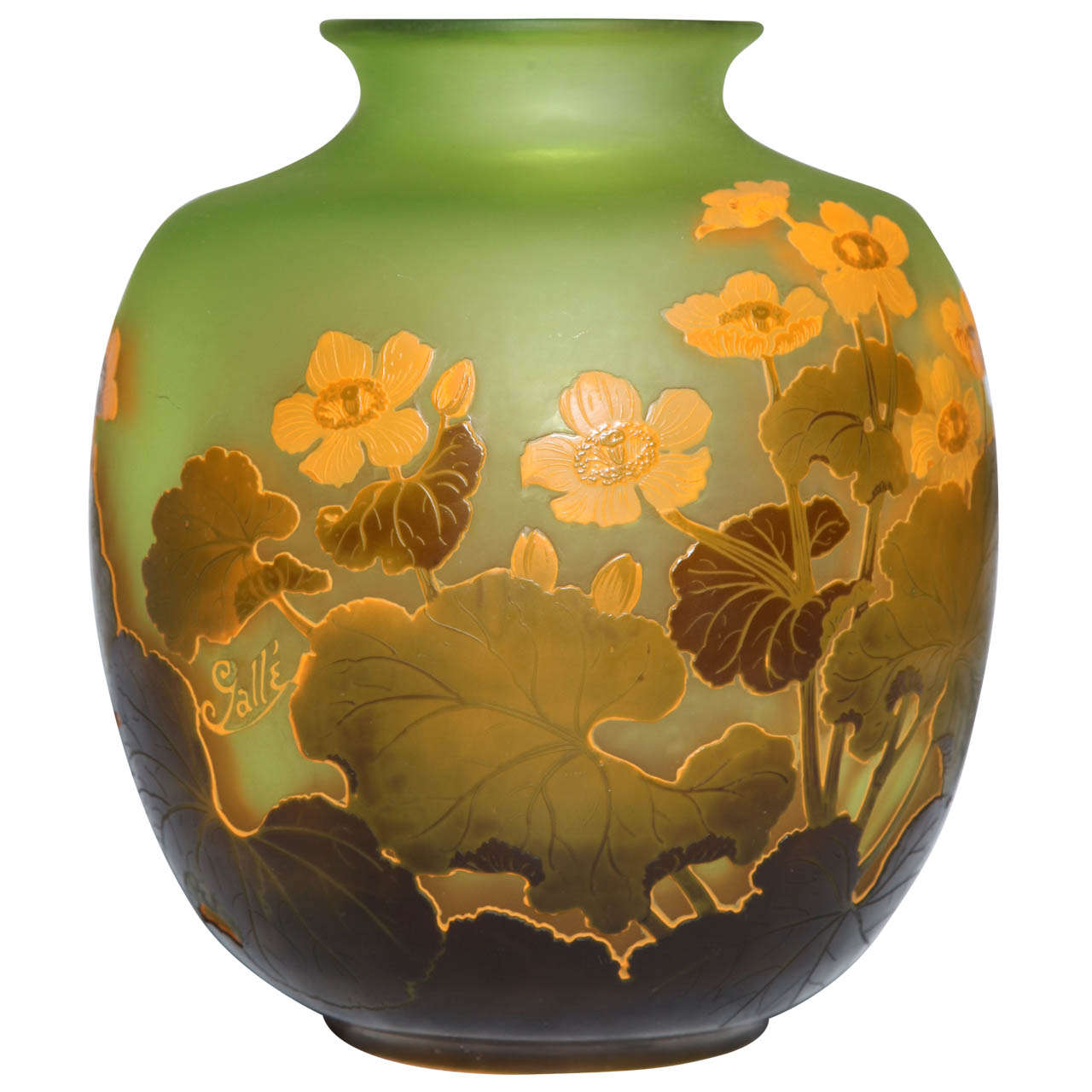 A Fine Antique French Cameo Glass Double Overlay Jade Green Vase by